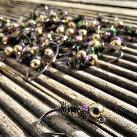 Heavy tungsten nymphs for fast water, holographic tinsel, peacock hearl, Hends spectra dubbing