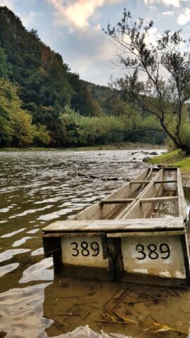 Old boat for crossing river. Ideal place for big fish